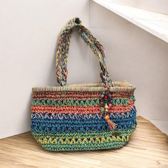 Cappelli Straworld Woven Rafia Beaded Shouder Bag Colorful Boho Beach Summer - Picture 2 of 10
